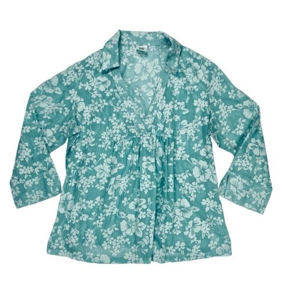 Infinity Maternity Floral Print Blouse Women L Teal Green Coastal Spring Comfort